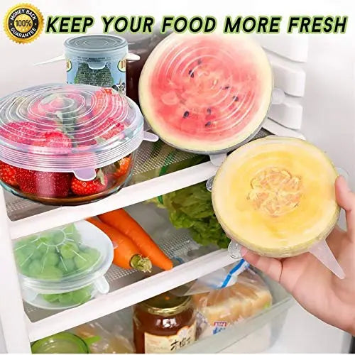 Stretchable eco lids for food storage on containers in the fridge, keeping food fresh longer