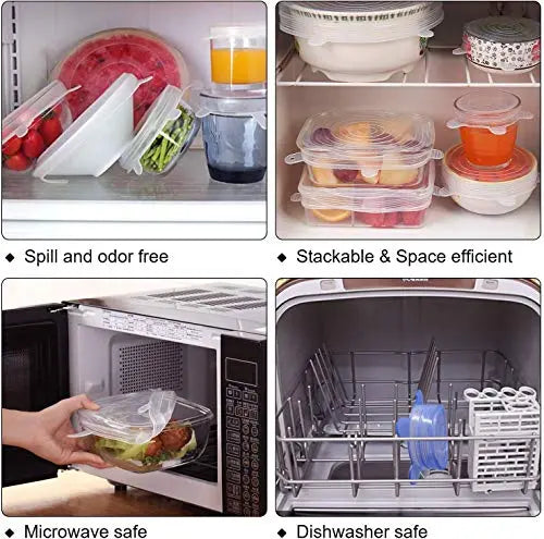 Stretchable eco lids for food storage, microwave safe and dishwasher safe, stackable and space efficient