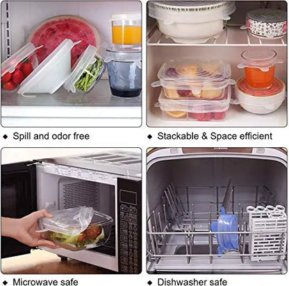 Stretchable eco lids for food storage, microwave safe and dishwasher safe, stackable and space efficient