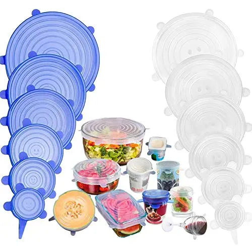 Set of stretchable eco lids in blue and clear for covering bowls, jars, and food containers