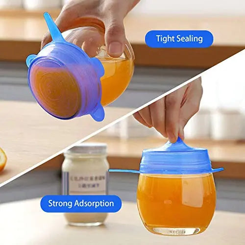 Stretchable eco lids in blue demonstrating tight sealing and strong adsorption on jars
