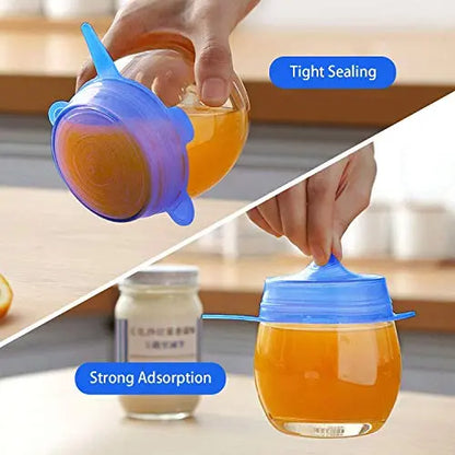 Stretchable eco lids in blue demonstrating tight sealing and strong adsorption on jars